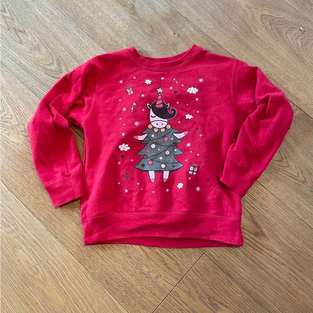 Festive Red Sweatshirt with Holiday Unicorn Design